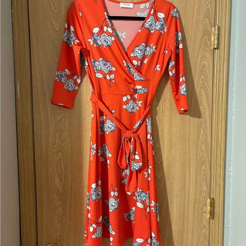 Floral Wrap Midi Dress in Bright Orange with Tie Waist